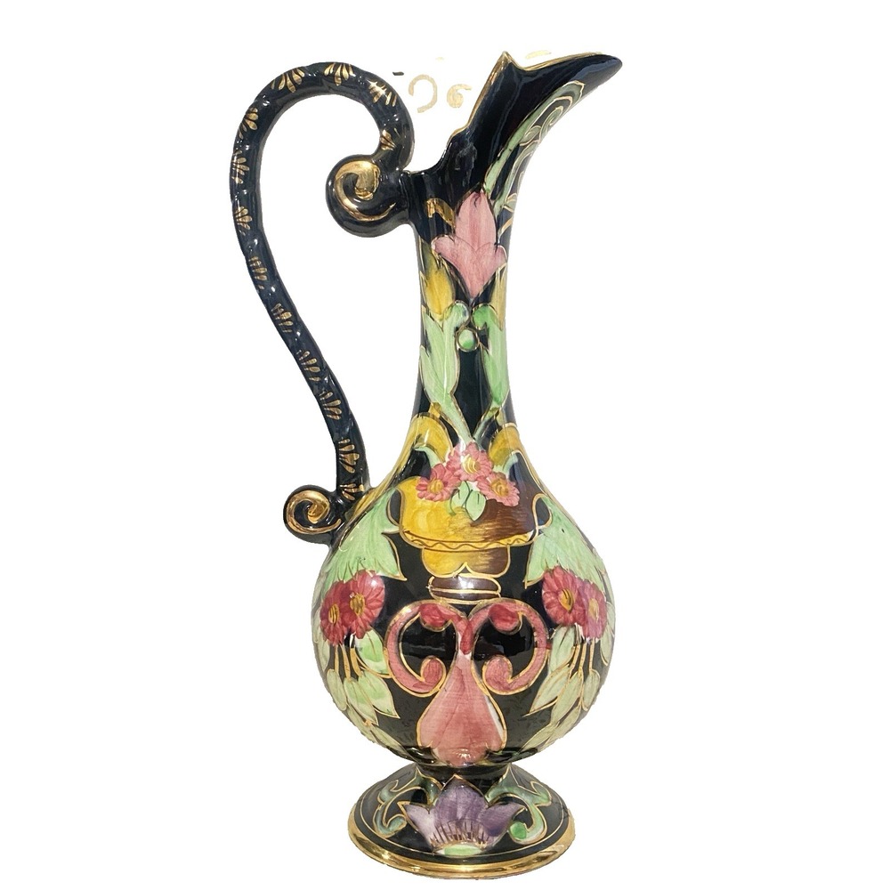 Elegant Hubert Bequet Hand Painted Black Gold Pitcher/Ewer/Vase Belgium Mid Cent